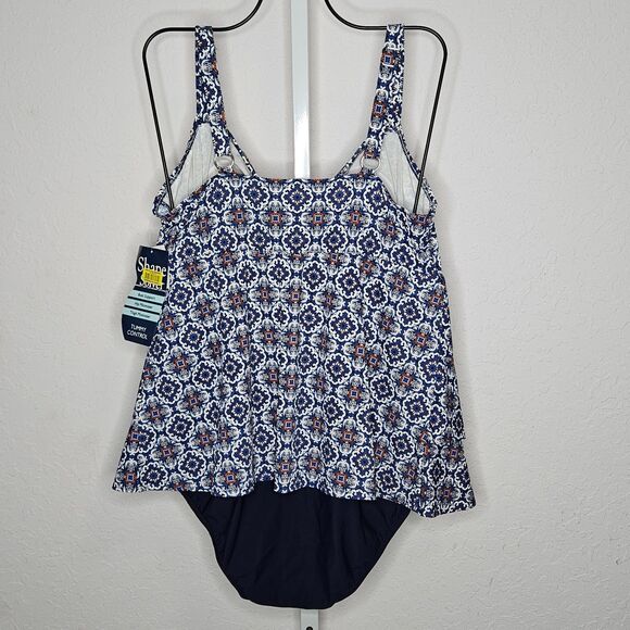 Shape Solver 3 Tier Tankini One Piece Swimsuit Blue Mosaic Print Size 16W NWT - Picture 4 of 5